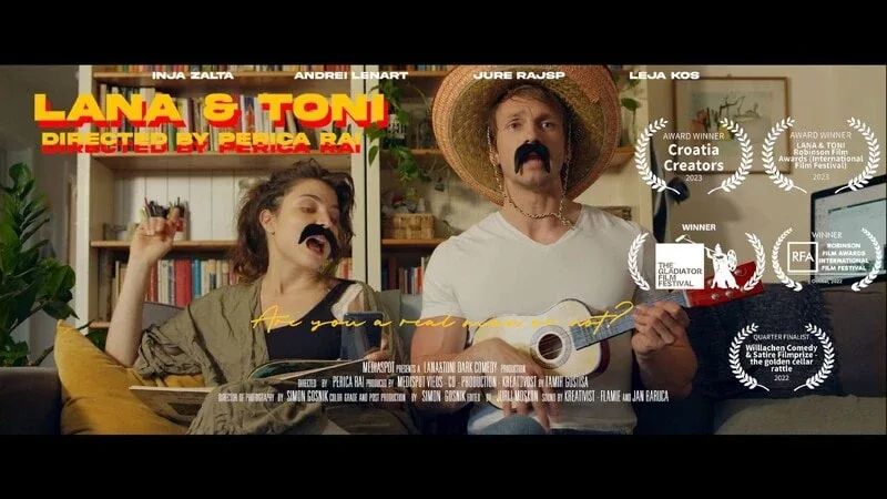 Official poster for the short film Lana & Toni — two lead characters in fake moustaches, one strumming a guitar on a sofa, festival award laurels arranged around the frame