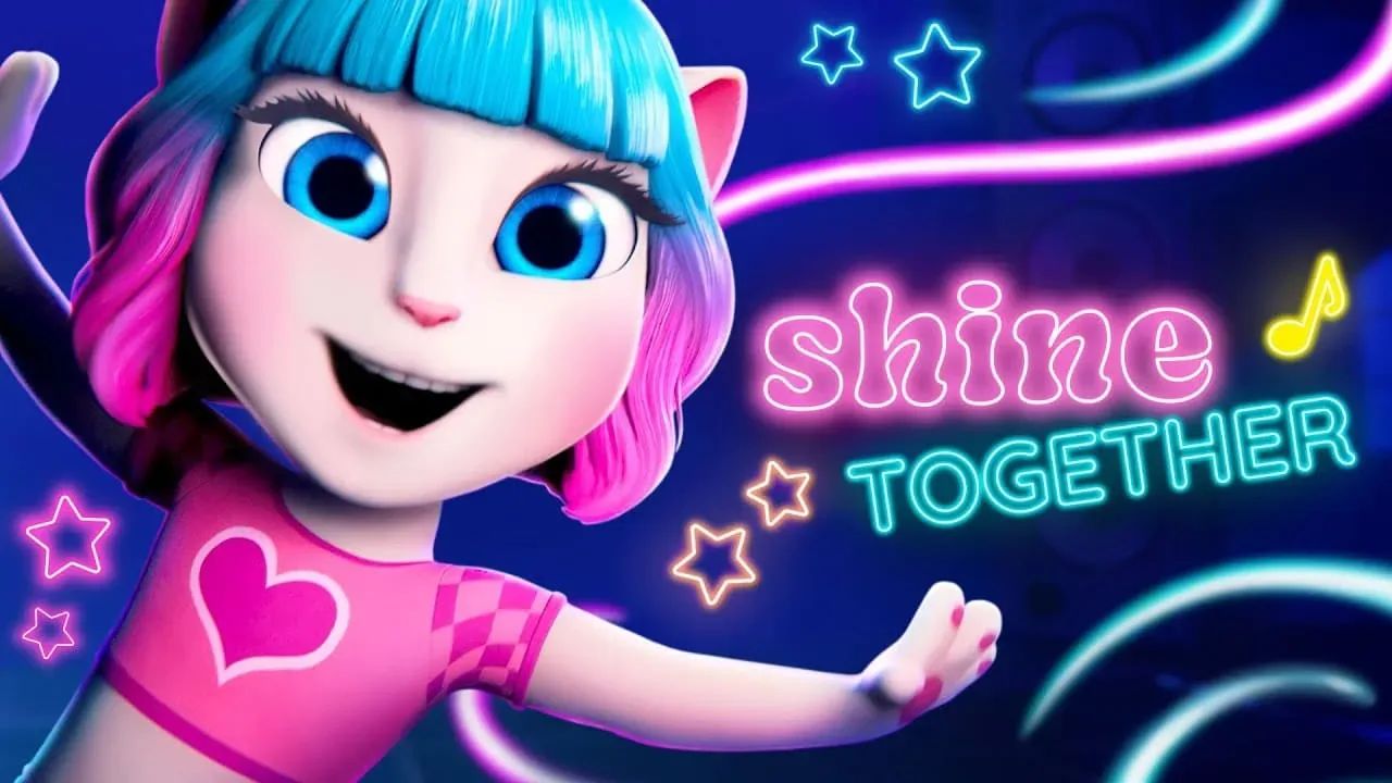 My Talking Angela 2 animated character in a pink outfit gestures toward the neon title "Shine Together" in electric blue and pink