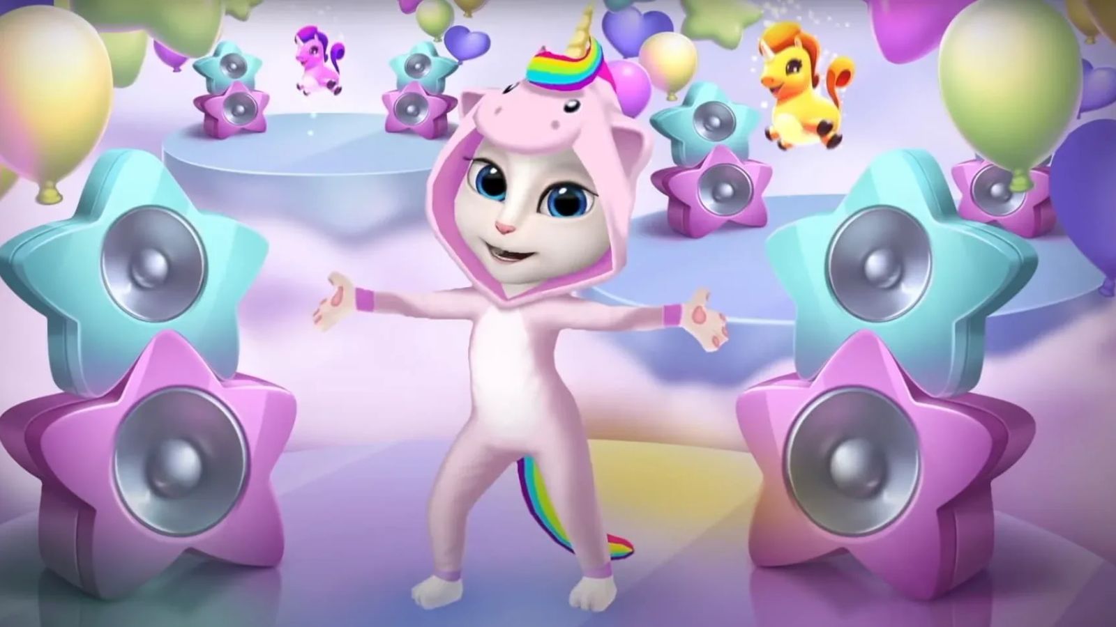 Angela the cat in a unicorn onesie dances in a cartoon birthday party scene surrounded by oversized speaker stars and floating balloons