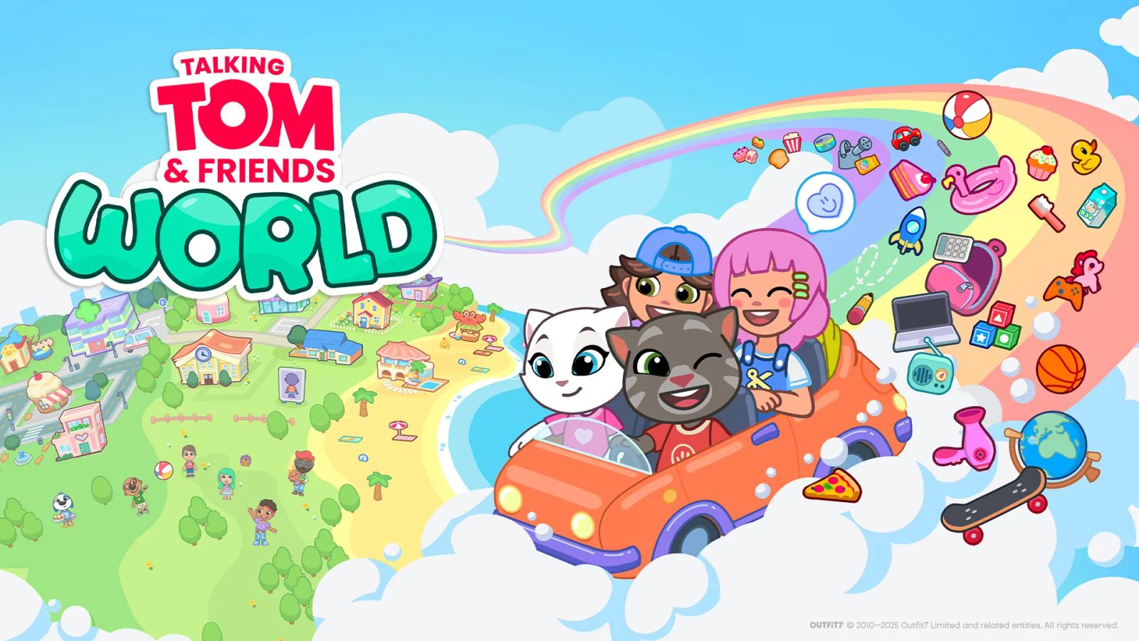 Key art for Talking Tom & Friends: World — Talking Tom and Talking Angela alongside two human characters riding an orange car along a rainbow trail above a stylised island town, surrounded by floating game items, with the game logo top-left