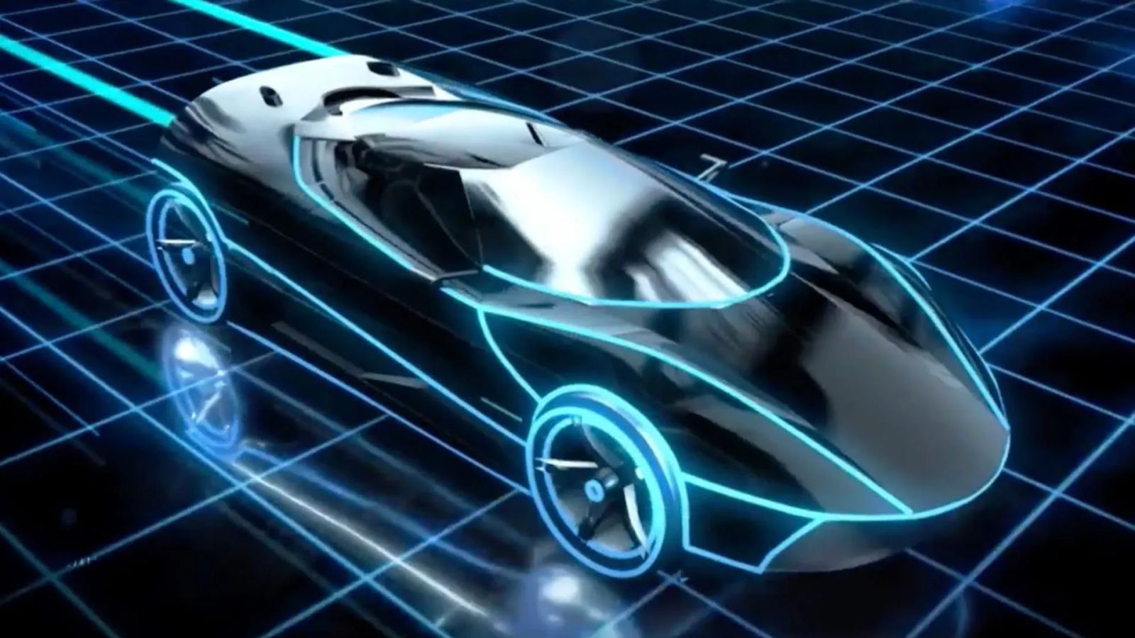CGI render of a sleek futuristic sports car traced in glowing cyan lines on a dark digital grid