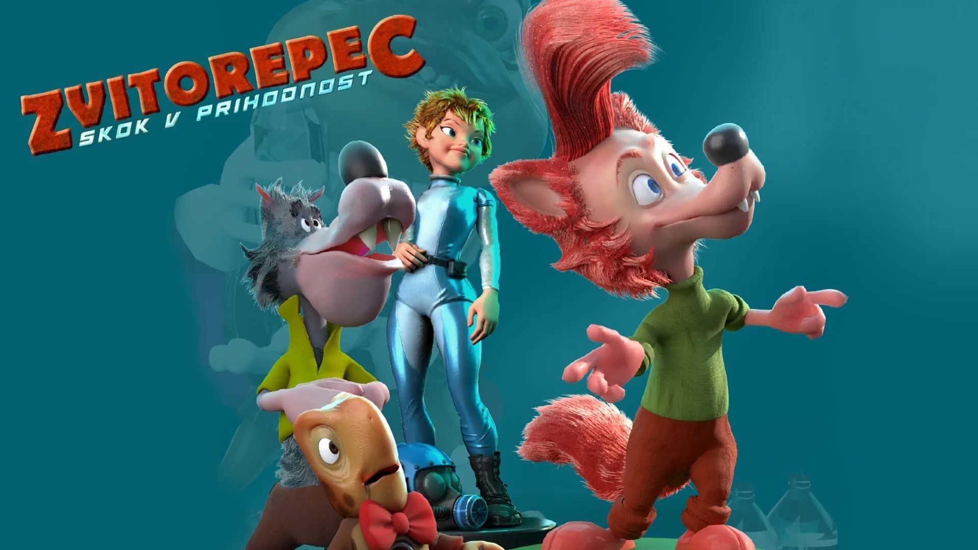 Character art for Zvitorepec — Skok v Prihodnost featuring the fox protagonist, a boy in a metallic blue jumpsuit, and the film's ensemble cast against a teal background