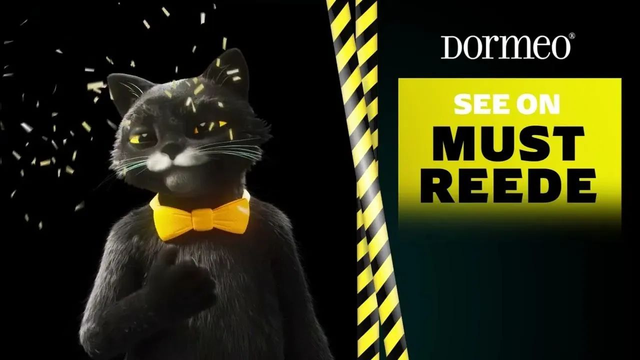 A 3D-animated black cat in a yellow bow tie stands against falling gold confetti and yellow-and-black hazard tape, beside the Dormeo logo and the Slovenian Black Friday call-out "See on must reede"