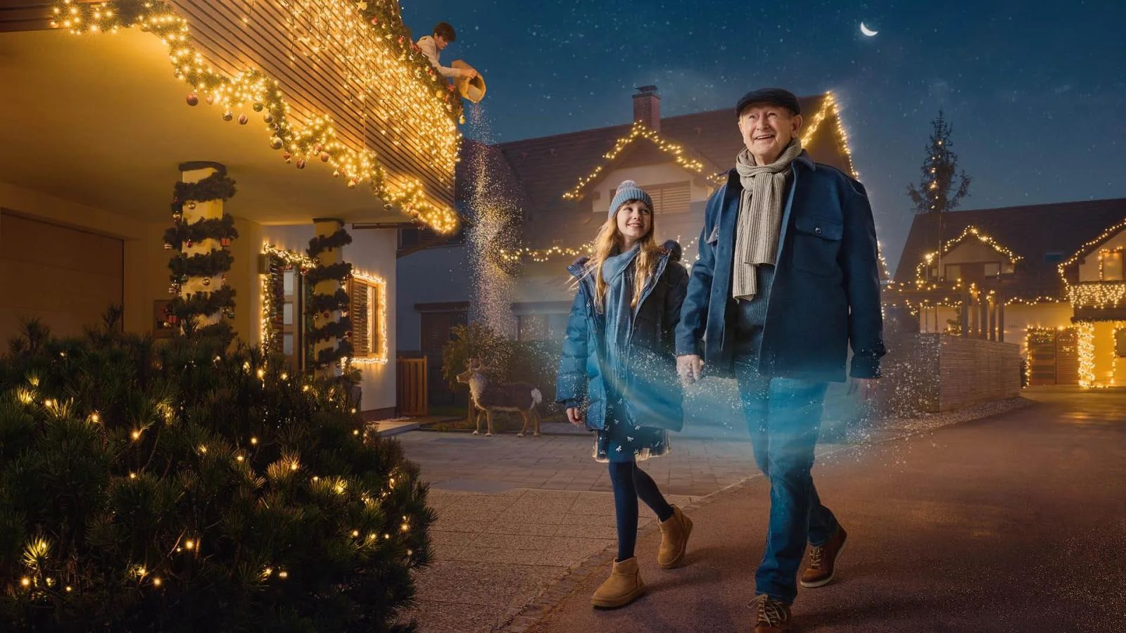 A grandfather and granddaughter walking hand in hand down a snowy Slovenian village street at night, surrounded by twinkling Christmas lights on every house, with a child sprinkling stars from a rooftop above